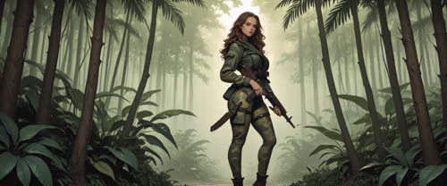 A full-body illustration of a woman with long auburn hair and green eyes in a camouflage... desktop wallpaper