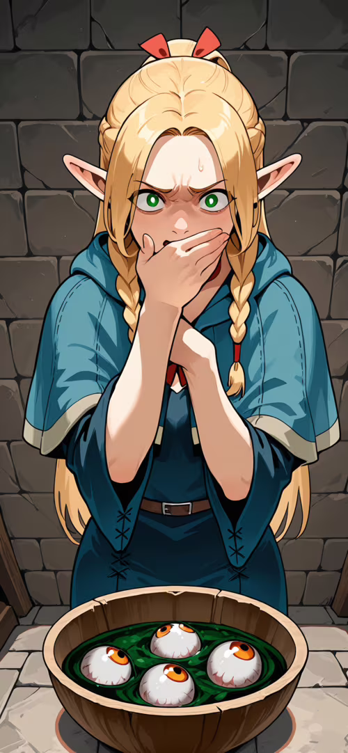 An anime-style elf with blonde braids, Marcille from Dungeon Meshi, looks shocked... Honor 50 Pro lock screen wallpaper