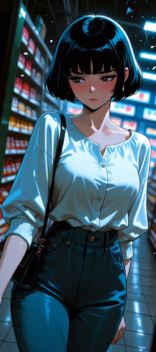 An anime-style illustration of a woman with a black bob haircut shopping in a brightly... wallpaper