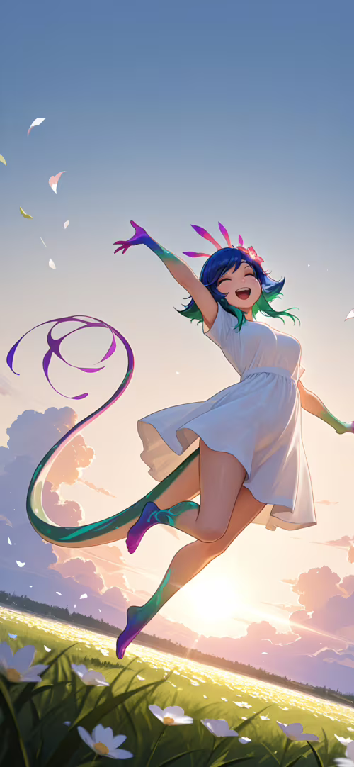 Neeko from League of Legends, a cheerful chameleon girl with blue hair and a tail,...