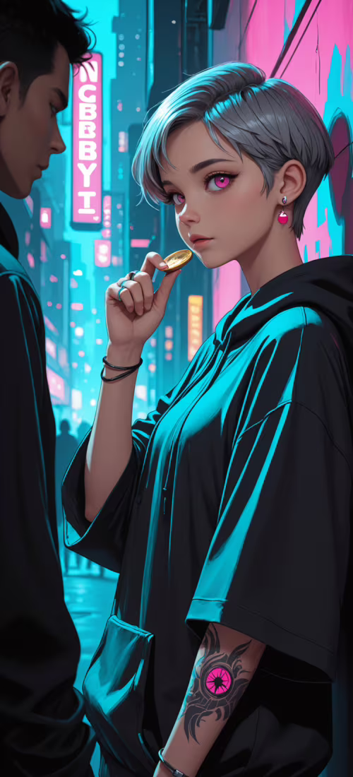 An anime-style illustration of a young woman with short grey hair and purple eyes... OnePlus 12R mobile wallpaper