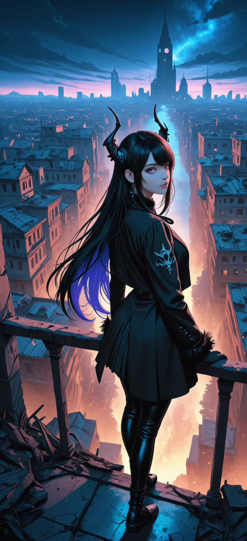 Digital art of Nerissa Ravencroft, a girl with black hair and horns, in a long black... Honor Magic6 Pro free hd wallpapers