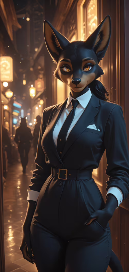 An anthropomorphic female fox with black and tan fur, dressed in a black trench coat... Doogee N20 high definition wallpaper