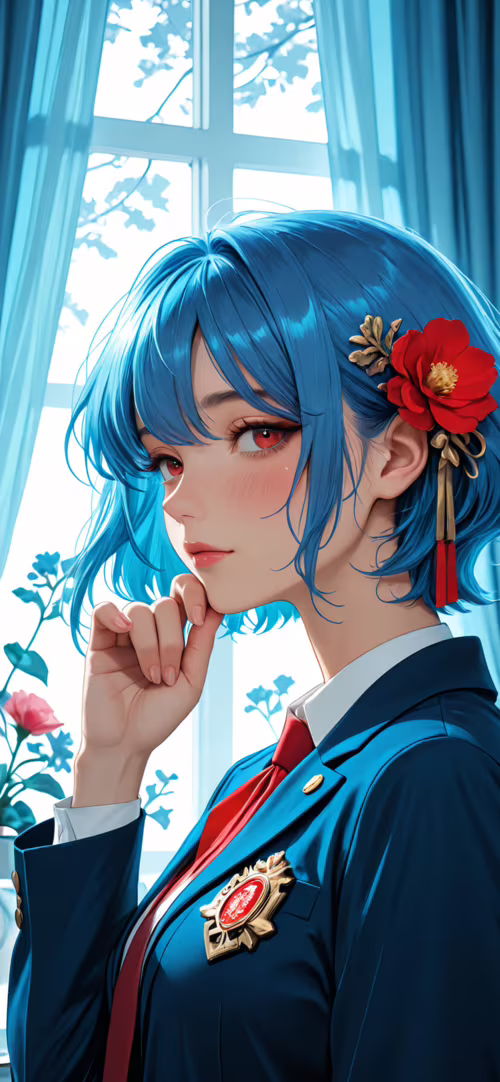 An anime-style illustration of a young woman with short blue hair and red eyes, wearing... wallpapers for android