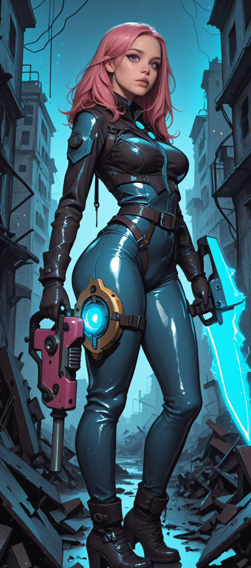 A full-body illustration of a woman with pink hair in a tight black outfit, standing... Tecno Camon 30 Pro wallpaper