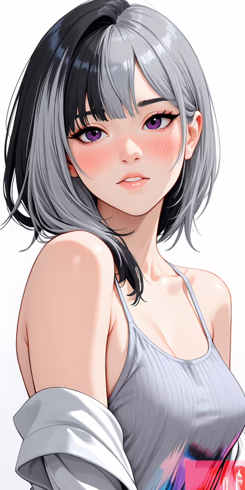 An anime-style illustration of a young woman with long, two-tone black and grey hair,... Doro 8080 free background