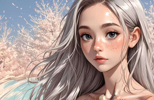 A close-up digital illustration of a young woman with long platinum blonde hair,...