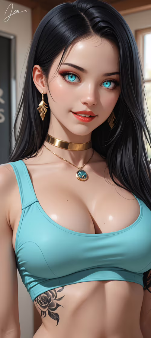 A close-up portrait of a young woman with long black hair, piercingly bright blue... Honor 200 Pro lock screen wallpaper
