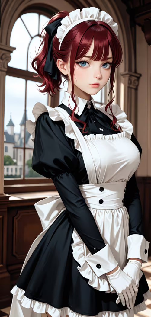 A high-quality digital illustration of an anime-style maid with short, wavy red hair...