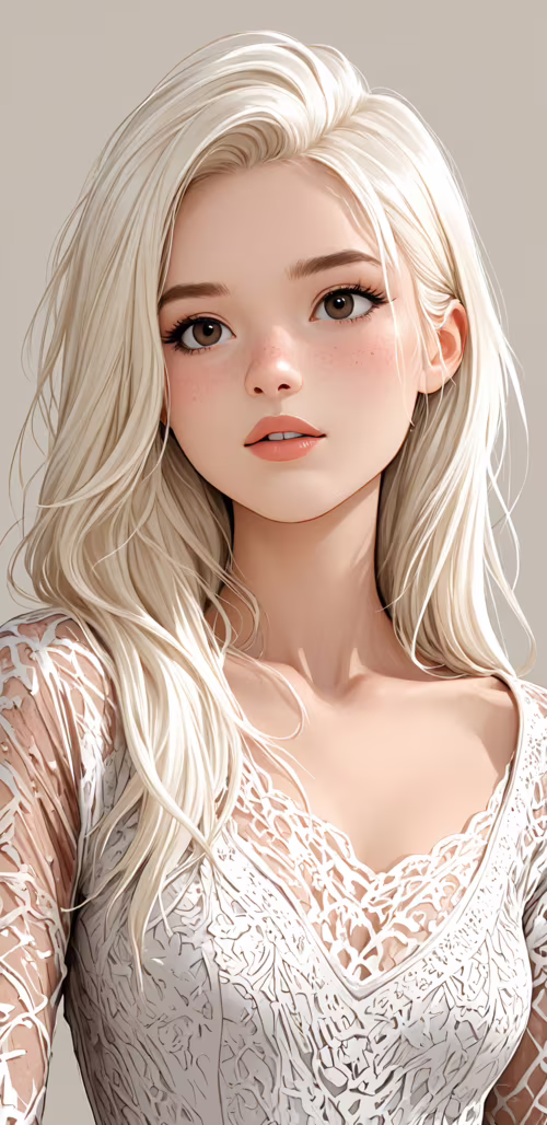 A digital illustration of a young woman with long, wavy red hair, large brown eyes,...