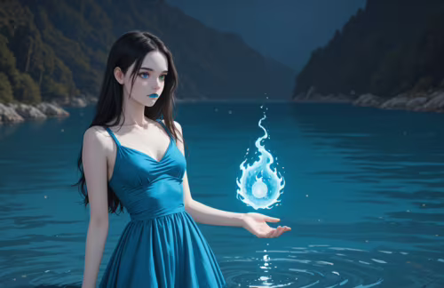 A fantasy illustration of a young woman with long dark hair, pale skin, and blue... hd background