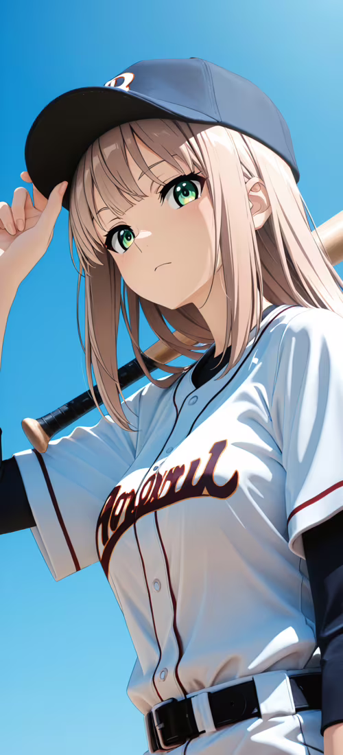 An anime girl with short light brown hair and green eyes, wearing a white baseball... OnePlus 12R wallpaper