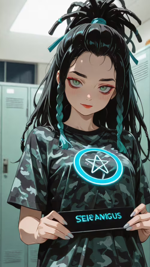 An anime illustration of a girl with black hair in a dreadlock topknot and braids,...