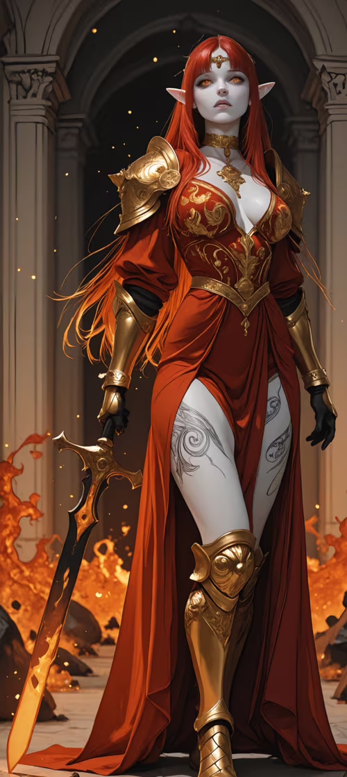 A full-body digital illustration of a female elf queen with long red hair and pale...