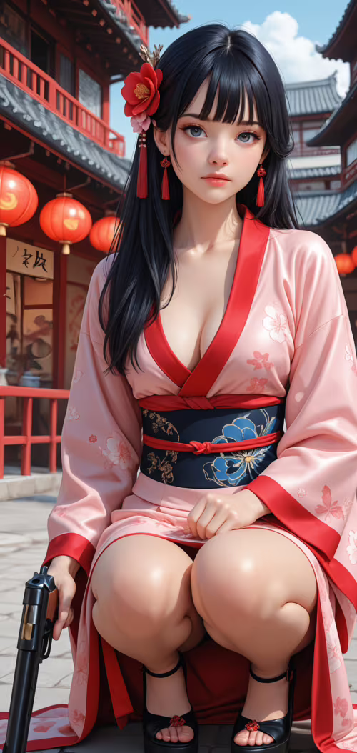 A beautiful young woman with long black hair and blue eyes, wearing a red floral... download free phone wallpaper