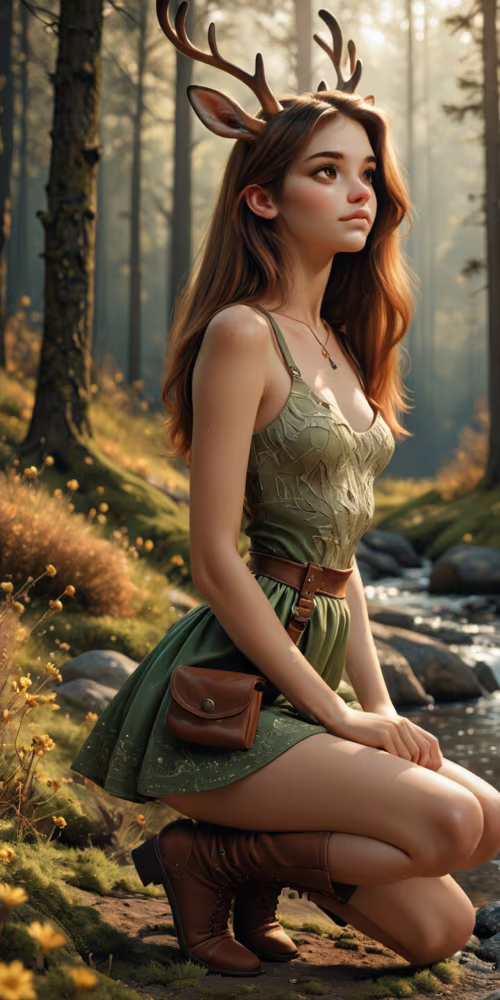 A young woman with brown hair and deer antlers crouches by a stream in a lush forest....