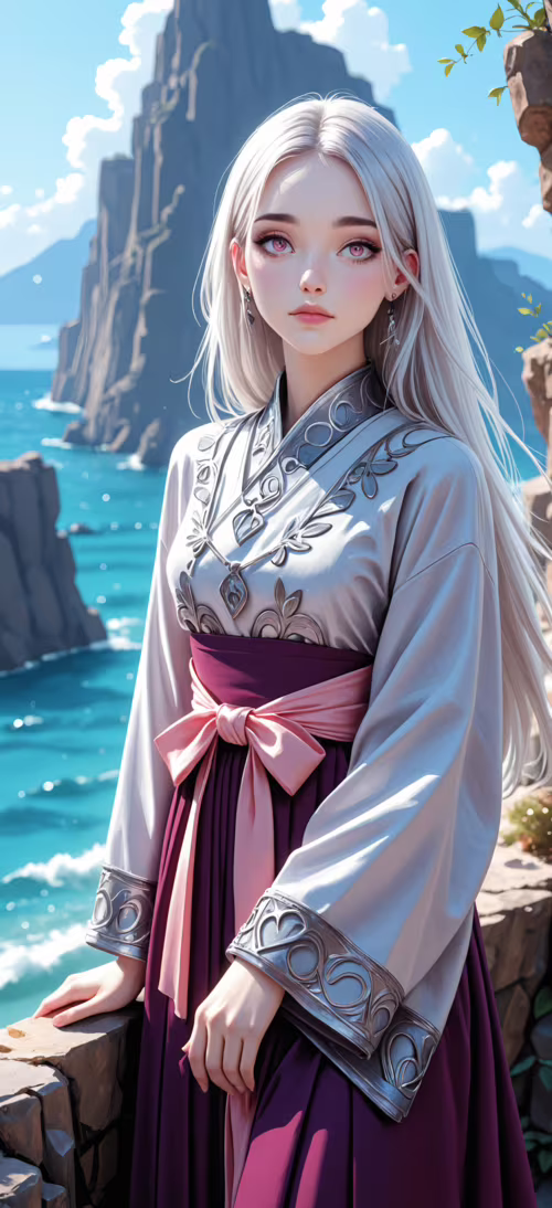 A half-body illustration of a young woman with long silver-white hair and pink eyes.... Honor Magic6 Pro wallpaper photo gallery download