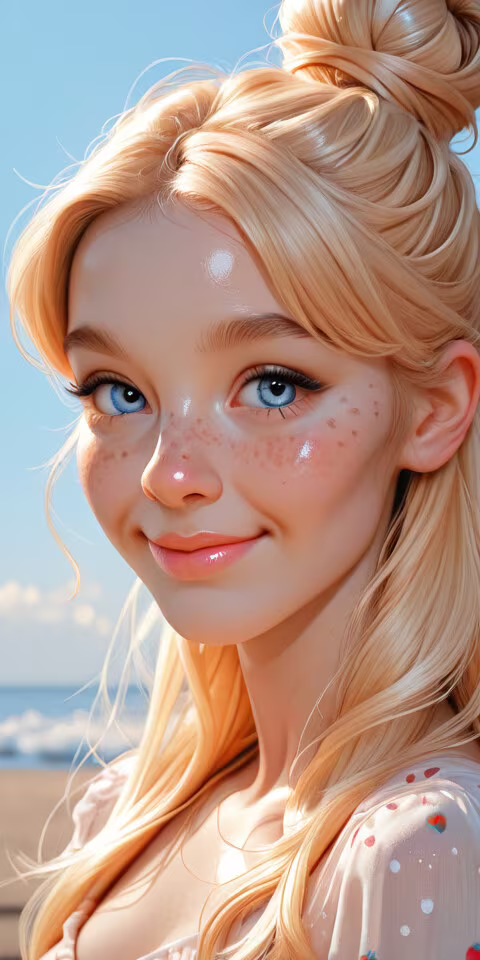 A close-up portrait of a pretty young woman with blonde hair in a bun and blue eyes.... Ulefone S1 download free phone wallpaper