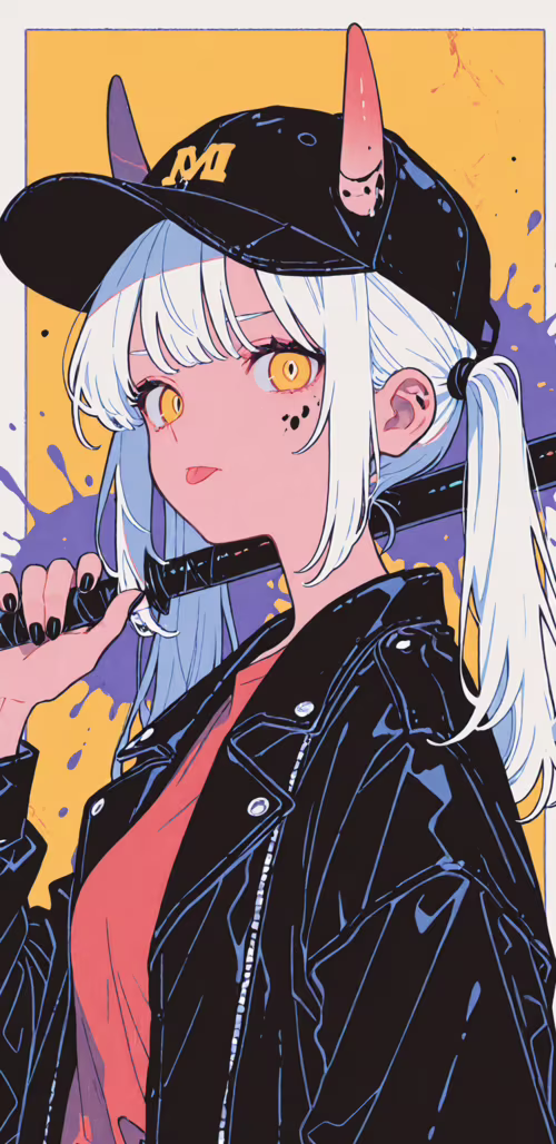 An anime girl with white pigtails, pink demon horns, and yellow eyes, wearing a leather...