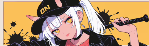 An anime girl with white pigtails, pink demon horns, and yellow eyes, wearing a leather... wallpaper photo gallery download