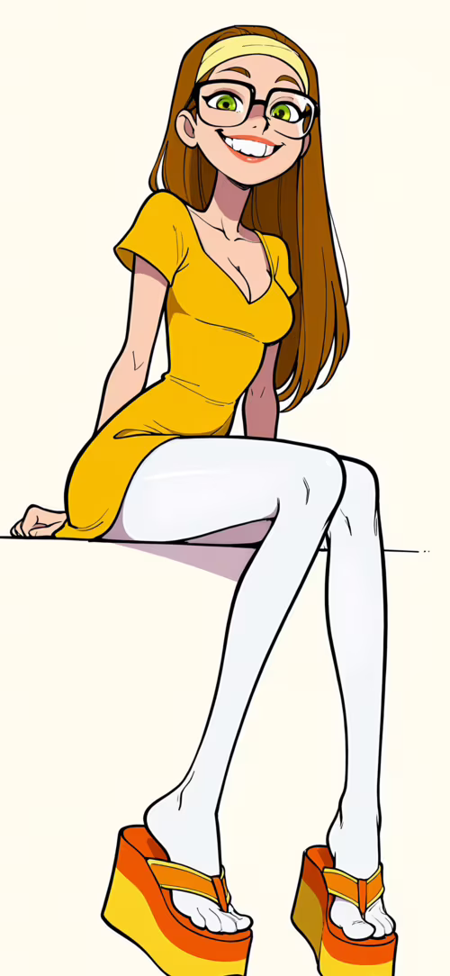 A stylized full-body illustration of Honey Lemon from Big Hero 6 sitting down. She...