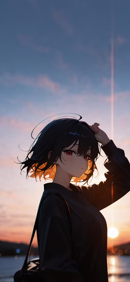 An anime girl with short black hair standing in profile against a hazy sunset, with... Tecno Phantom X download free wallpaper for phone