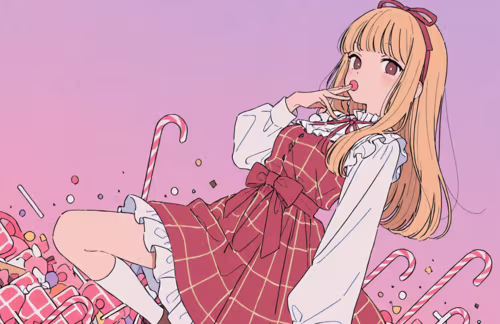 An anime girl with long blonde hair and brown eyes wearing a red checkered dress... ps4 wallpaper