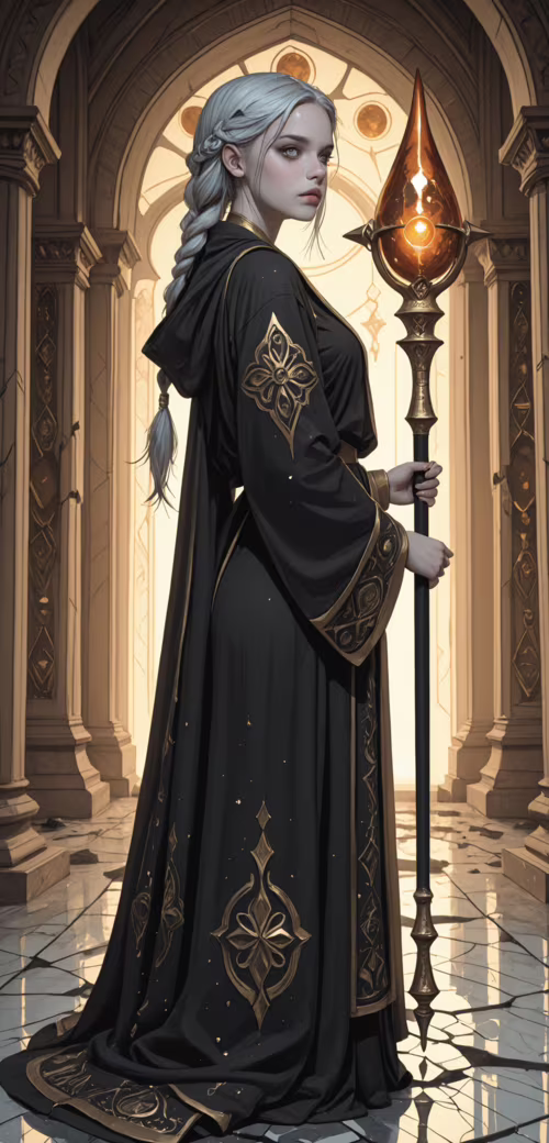 A full-body illustration of a young female alchemist with long silver hair and glowing... Doro 8080 mobile wallpaper