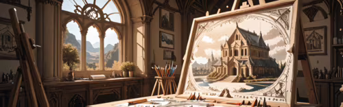 An anime-style illustration of a young woman drawing an architectural plan of a fantasy... free wallpaper