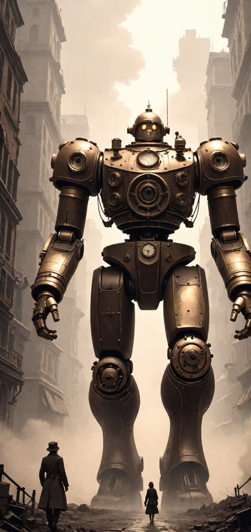 A giant steampunk robot made of bronze and gears stands on a cobblestone street in... Doogee N20 download free wallpaper for phone
