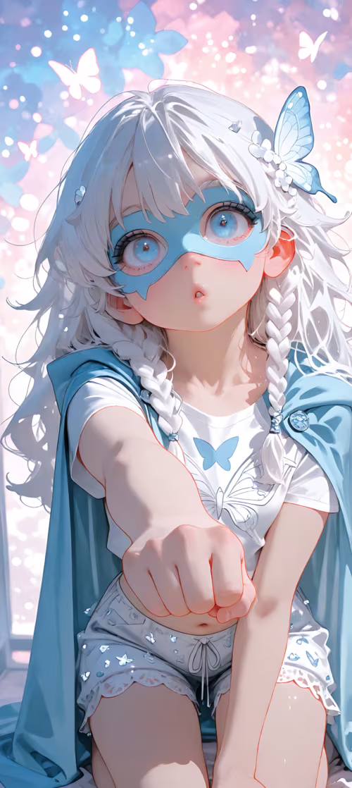 An anime girl with long white hair, braids, light blue eyes, and a white domino mask,...
