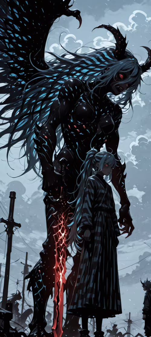 An anime girl with blue hair and a glowing red sword stands with her back to the...