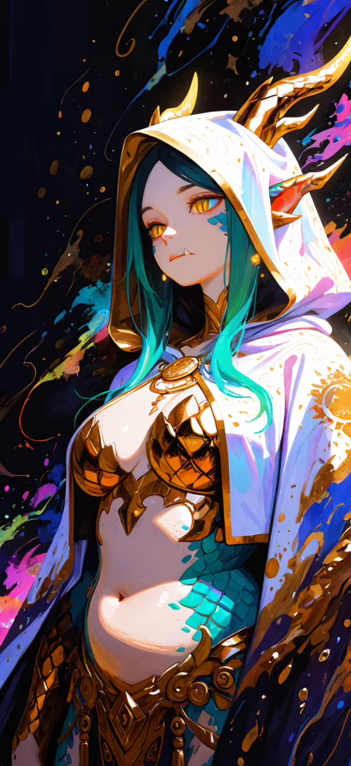 An anime-style illustration of a fantasy girl with turquoise hair, glowing golden...