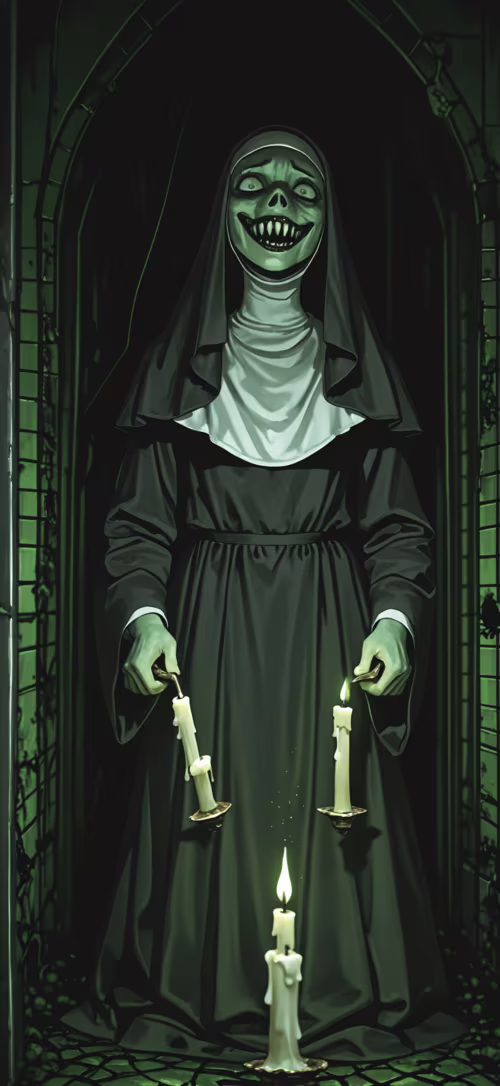 A horror illustration of a green-skinned nun with a terrifyingly wide smile and sharp... Tecno Phantom X hd background