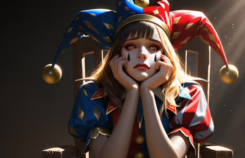 A realistic digital portrait of a sad young woman with long blonde hair dressed as... desktop wallpaper