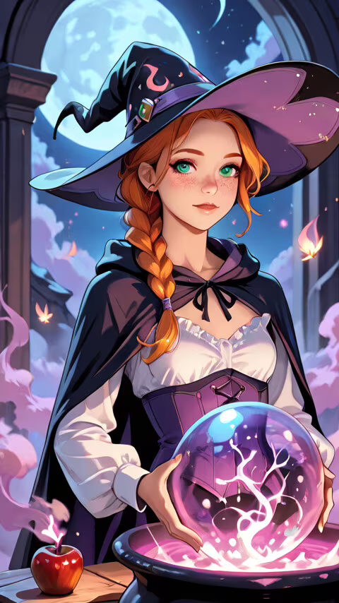 An anime-style illustration of a friendly young witch with braided ginger hair and...