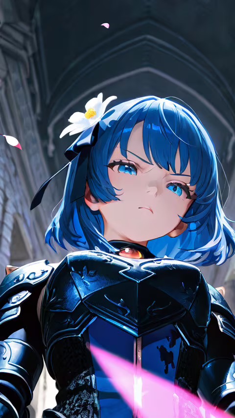 A low-angle close-up of a fantasy anime warrior with short blue hair and green eyes....