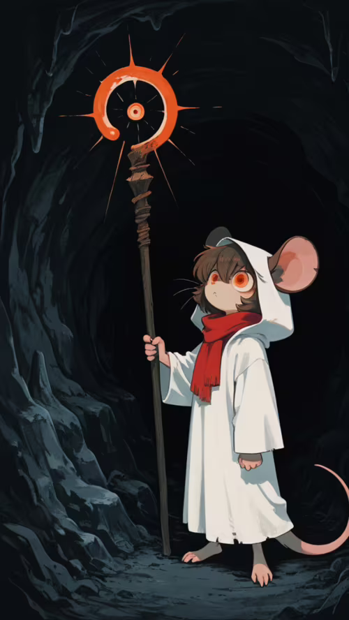An anthropomorphic mouse wearing a white hooded robe and red scarf stands in a dark... wallpaper photo gallery download