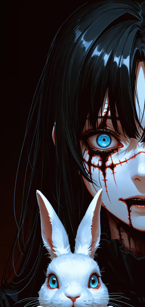 A dark anime-style illustration of a girl with black hair, glowing blue eyes, and... free hd wallpapers