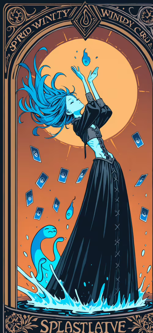 A young woman in a medieval-style dress holds up a card, surrounded by a swirling... wallpaper