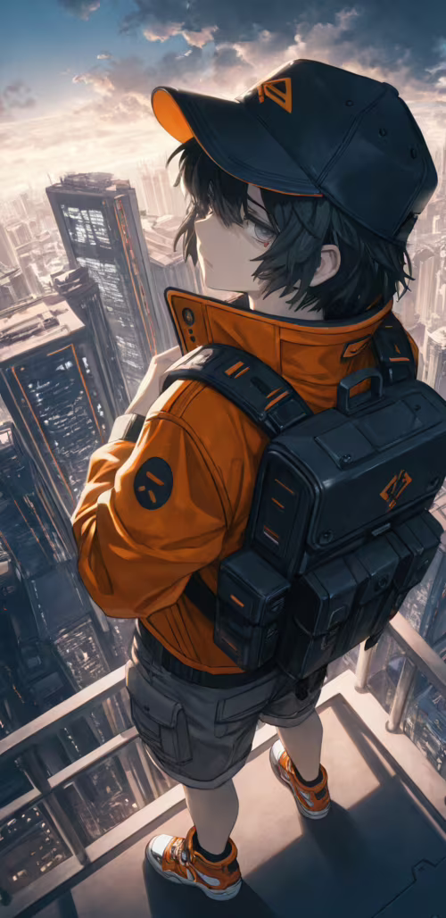 An anime-style illustration of a young man in an orange jacket, black cap, and a... hd background