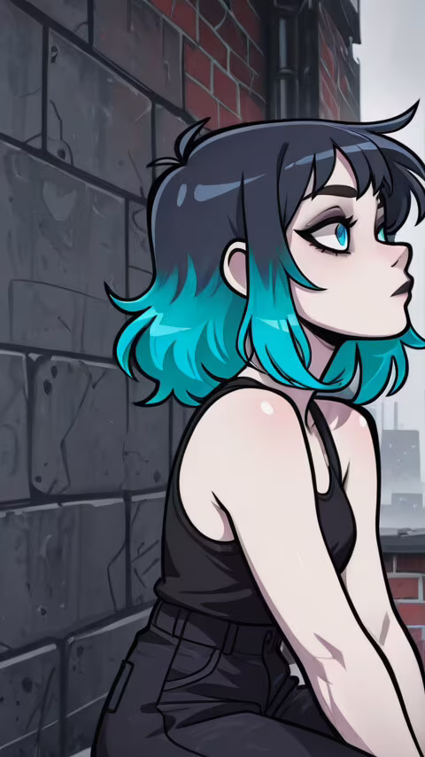 An illustration of a young woman named Raelyn with short black and cyan gradient... high definition wallpaper