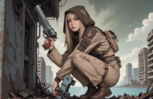 Full-body digital illustration of a young blonde woman in a hooded tactical suit,... desktop wallpaper