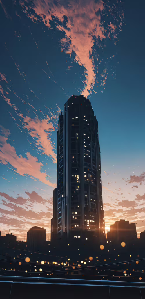 A low-angle shot of tall, modern city buildings against a warm-toned sunrise sky,...