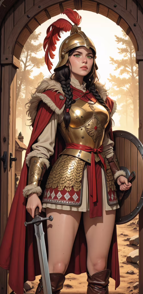 A full-body illustration of a female warrior with dark braided hair and green eyes.... hd background