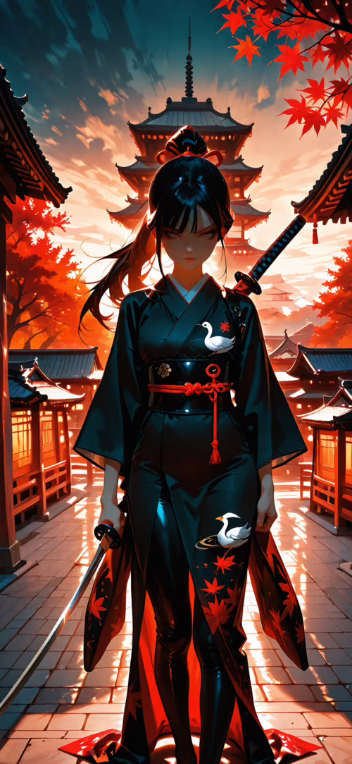 An anime-style illustration of a woman with a long black ponytail in a black kimono... wallpaper images
