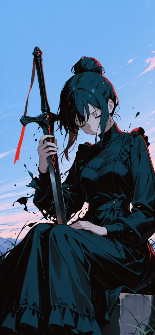 An anime-style illustration of a young woman with black hair in a bun, sitting on...