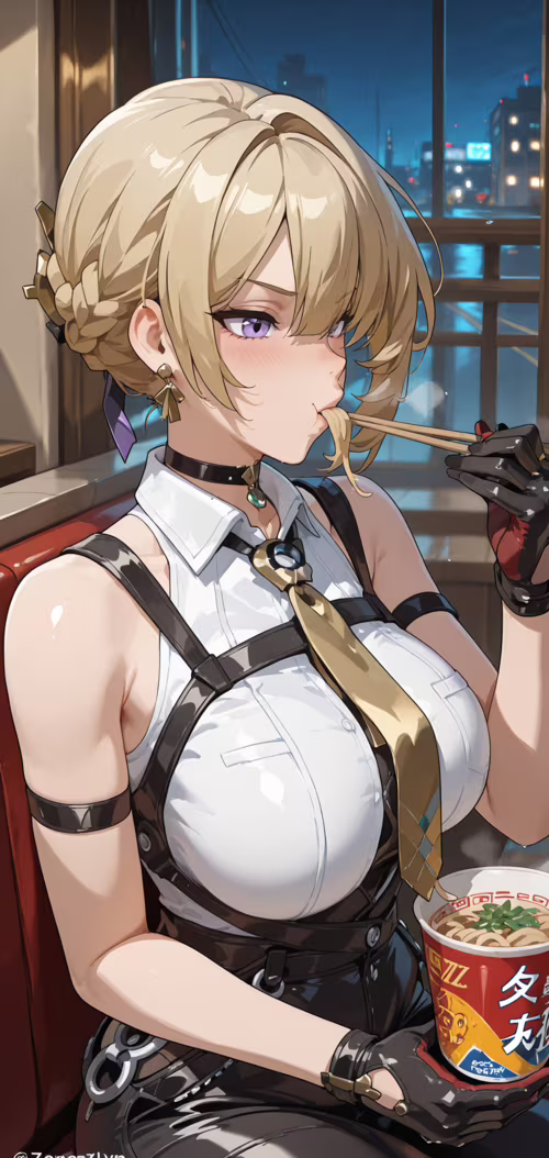 An anime-style illustration of Evelyn from Zenless Zone Zero, a blonde woman with... free wallpaper