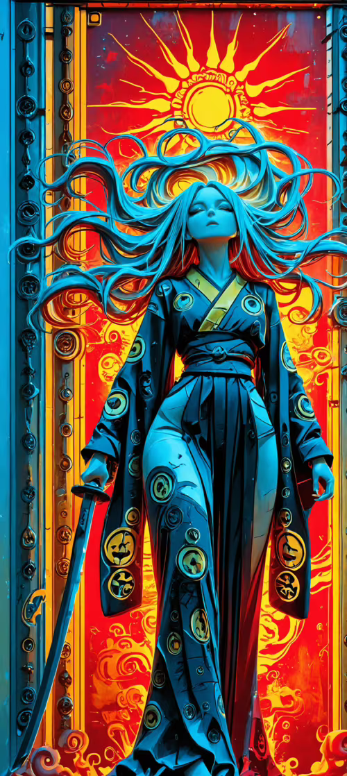 A full-length anime-style illustration of a female warrior with long, flowing blue... Redmi Note 13 Pro plus wallpaper