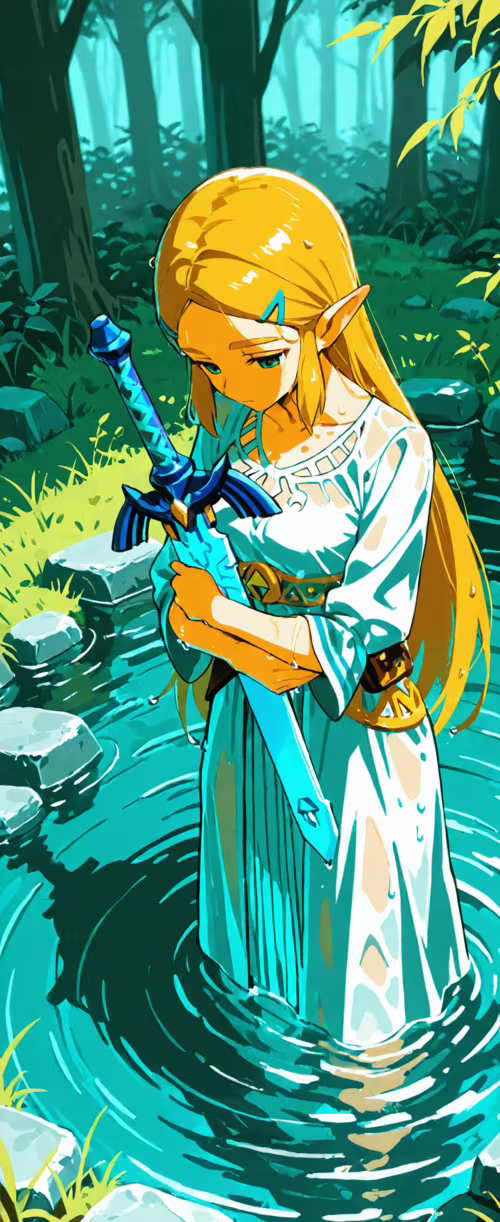 An anime-style illustration of Princess Zelda standing in a tranquil, teal-colored... Samsung Galaxy Z Flip6 download free phone wallpaper